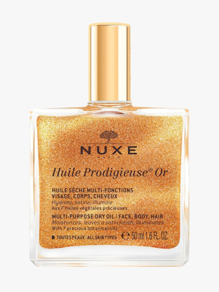 Nuxe Huile Prodigieuse Shimmer Multi-Purpose Dry Oil in branded component on a light gray background