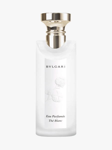 Bvlgari’s Eau Parfumée Thé Blanc in branded component on a light gray background